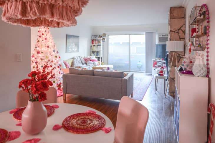 An Unapologetic Pink Rental Apartment Looks Pretty for the Holidays